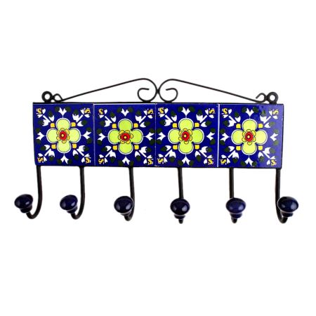 Blue Floral Ceramic Tiles Hooks-456 (Set Of Ine Piece)